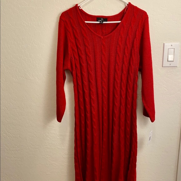red cable knit sweater dress